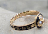 18ct gold Victorian pearl, diamond and enamel IN MEMORY OF antique mourning ring - 1868