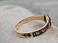 18ct gold Victorian pearl, diamond and enamel IN MEMORY OF antique mourning ring - 1868