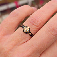 18ct gold Victorian pearl, diamond and enamel IN MEMORY OF antique mourning ring - 1868