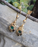 12k gold emerald & diamond DECO estate lever back earrings