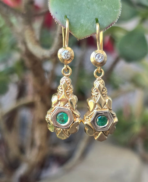 12k gold emerald & diamond DECO estate lever back earrings