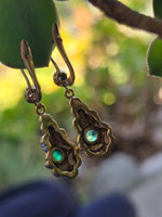 12k gold emerald & diamond DECO estate lever back earrings