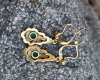 12k gold emerald & diamond DECO estate lever back earrings
