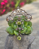 18ct gold + silver top Edwardian diamond, peridot & pearl brooch pin pendant