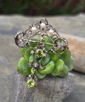 18ct gold + silver top Edwardian diamond, peridot & pearl brooch pin pendant