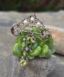 18ct gold + silver top Edwardian diamond, peridot & pearl brooch pin pendant