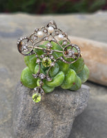 18ct gold + silver top Edwardian diamond, peridot & pearl brooch pin pendant