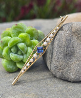14k gold Art Deco pearl and sapphire antique bar pin