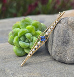 14k gold Art Deco pearl and sapphire antique bar pin