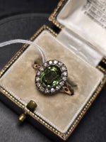 silver top and 18ct gold green tourmaline & diamond estate antique ring