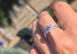 14k white gold diamond estate curved V band - guard