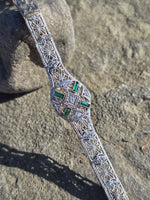 14k white gold c.1920's Art Deco filigree diamond and emerald bracelet