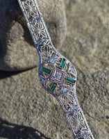 14k white gold c.1920's Art Deco filigree diamond and emerald bracelet