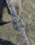 14k white gold c.1920's Art Deco filigree diamond and emerald bracelet