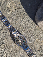 14k white gold c.1920's Art Deco filigree diamond and emerald bracelet