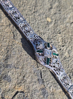 14k white gold c.1920's Art Deco filigree diamond and emerald bracelet