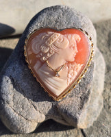 14k yellow gold heart cameo and diamond estate pendant necklace pin