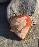 14k yellow gold heart cameo and diamond estate pendant necklace pin
