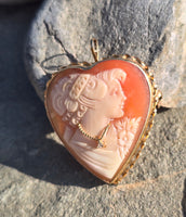 14k yellow gold heart cameo and diamond estate pendant necklace pin