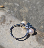 platinum pearl and aquamarine estate 3-stone ring