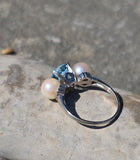 platinum pearl and aquamarine estate 3-stone ring