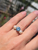 platinum pearl and aquamarine estate 3-stone ring