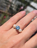 platinum pearl and aquamarine estate 3-stone ring