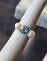 platinum pearl and aquamarine estate 3-stone ring