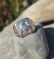 10k gold two-tone tone vintage diamond Masonic Freemason Ring