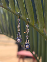 18k gold two tone Art Deco diamond and sapphire target earrings dangle drops