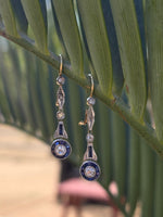 18k gold two tone Art Deco diamond and sapphire target earrings dangle drops