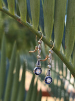 18k gold two tone Art Deco diamond and sapphire target earrings dangle drops