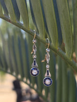 18k gold two tone Art Deco diamond and sapphire target earrings dangle drops