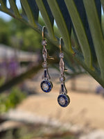 18k gold two tone Art Deco diamond and sapphire target earrings dangle drops