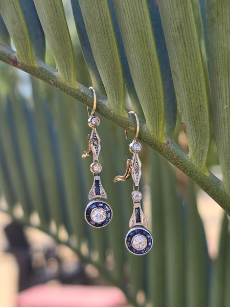 18k gold two tone Art Deco diamond and sapphire target earrings dangle drops