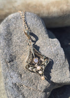 10k gold diamond & pearl antique filigree necklace pendant lavaliere
