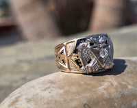 14k gold two tone vintage diamond and enamel Masonic Freemason eagle ring