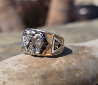 14k gold two tone vintage diamond and enamel Masonic Freemason eagle ring