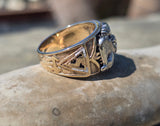 14k gold two tone vintage diamond and enamel Masonic Freemason eagle ring