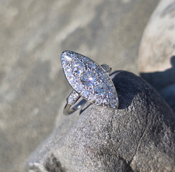 platinum c.1920's old cut diamond antique navette glove shield ring