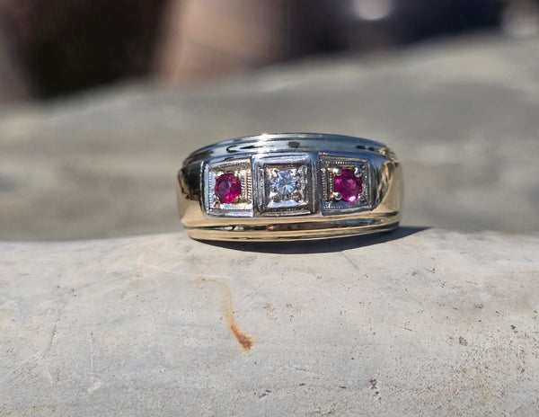 14k gold two-tone ruby and diamond estate Deco band ring