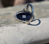 14k white gold c.1920's filigree carved shell cameo, onyx and diamond estate FLIP ring