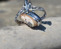 14k white gold c.1920's filigree carved shell cameo, onyx and diamond estate FLIP ring