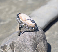 14k white gold c.1920's filigree carved shell cameo, onyx and diamond estate FLIP ring