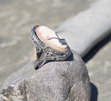 14k white gold c.1920's filigree carved shell cameo, onyx and diamond estate FLIP ring