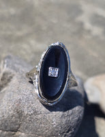 14k white gold c.1920's filigree carved shell cameo, onyx and diamond estate FLIP ring