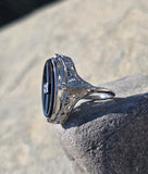 14k white gold c.1920's filigree carved shell cameo, onyx and diamond estate FLIP ring