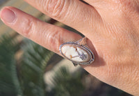 14k white gold c.1920's filigree carved shell cameo, onyx and diamond estate FLIP ring
