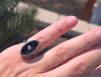 14k white gold c.1920's filigree carved shell cameo, onyx and diamond estate FLIP ring