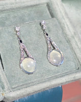 platinum Art Deco c.1920's moonstone, diamond and sapphire earrings dangle drops